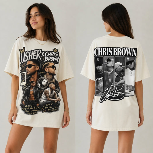 Usher x Chris Brown Graphic Shirt, Comfort Colors Vintage Tee, Double-Sided R&B Fan Merch