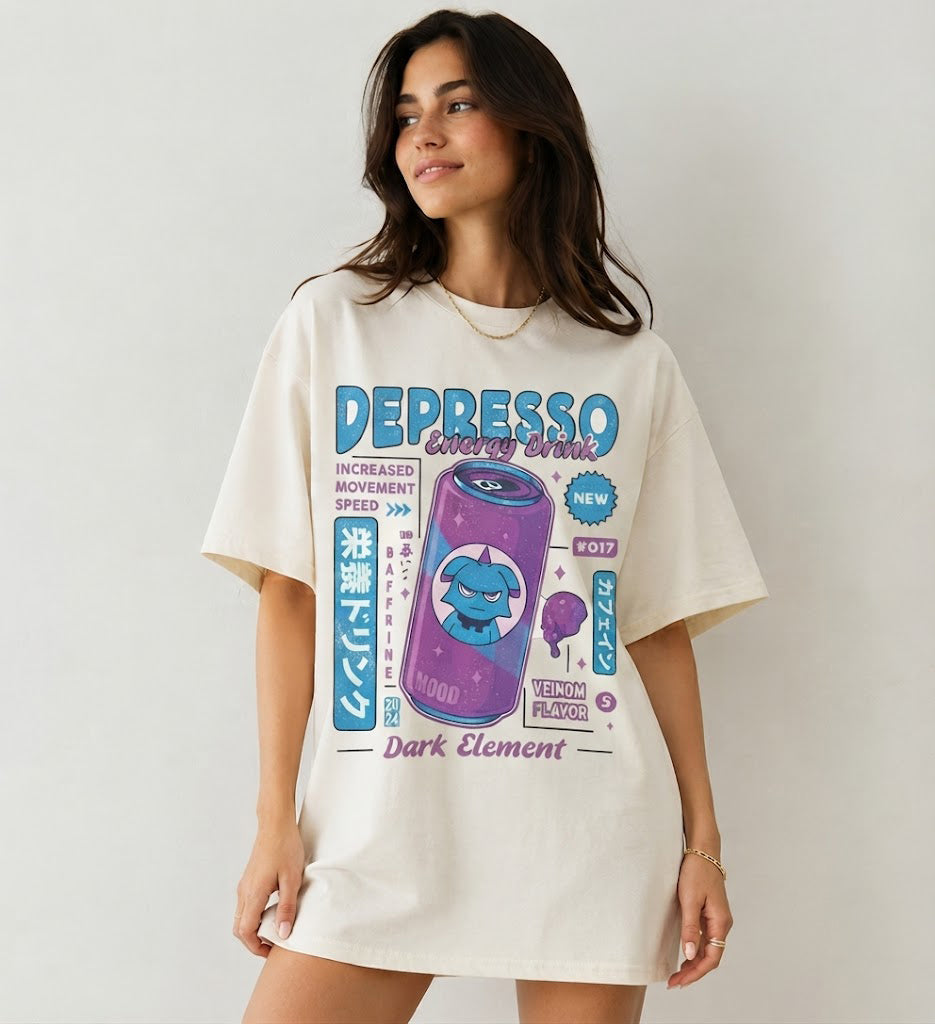 Depresso Energy Drink Palworld T-Shirt, Dark Element Gamer Tee