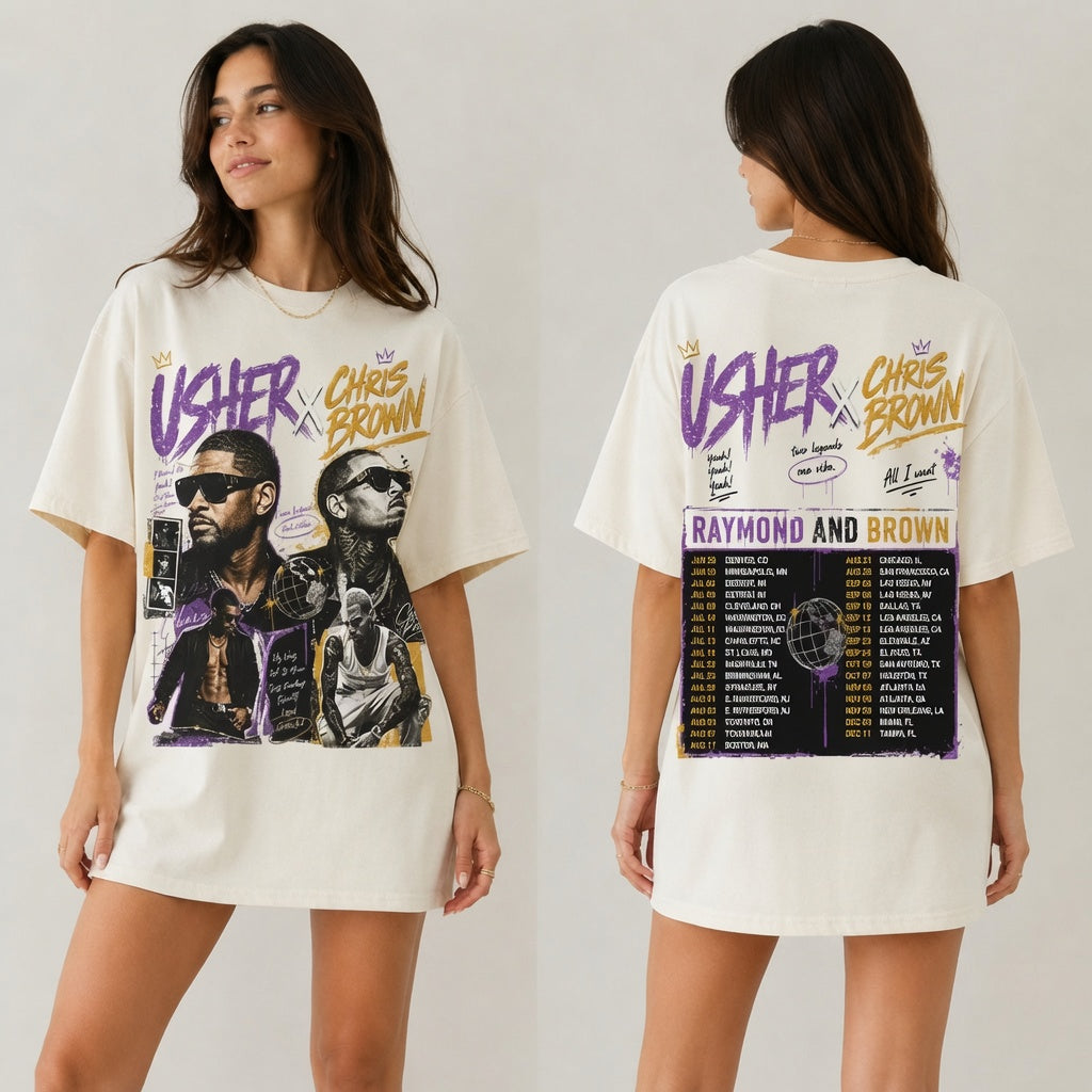 Vintage Style Usher x Chris Brown Tee, Comfort Colors Double-Sided Graphic Shirt