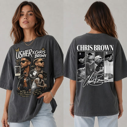 Usher x Chris Brown Graphic Shirt, Comfort Colors Vintage Tee, Double-Sided R&B Fan Merch