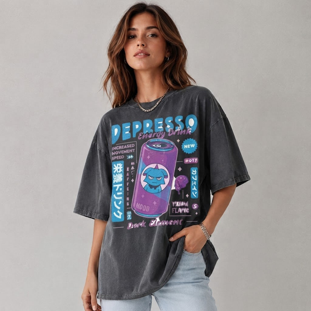 Depresso Energy Drink Palworld T-Shirt, Dark Element Gamer Tee