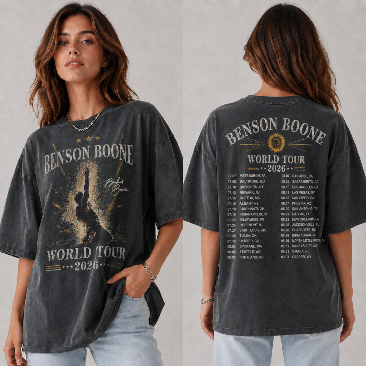 Gildan Vintage Benson Boone World Tour 2026 Concert Graphic Tee Shirt