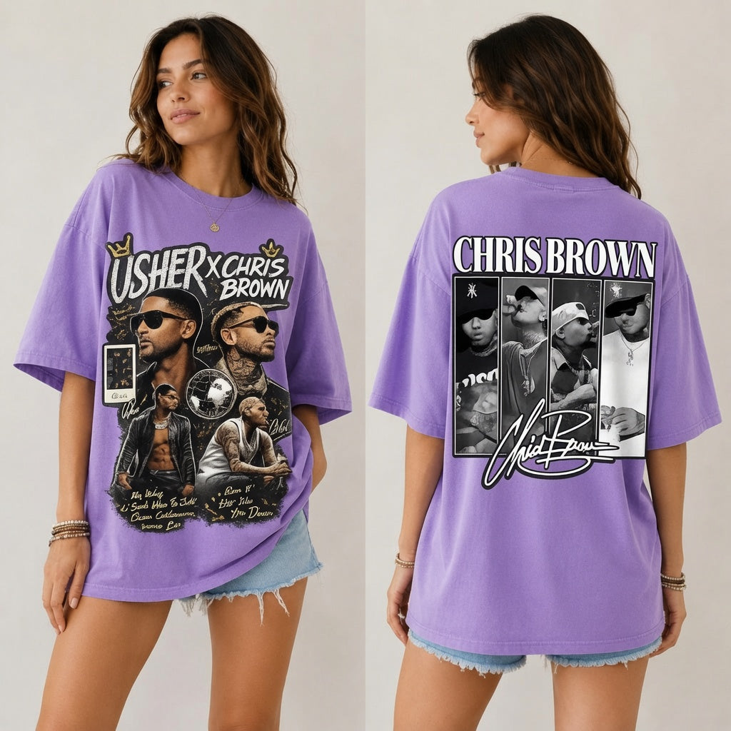 Usher x Chris Brown Graphic Shirt, Comfort Colors Vintage Tee, Double-Sided R&B Fan Merch