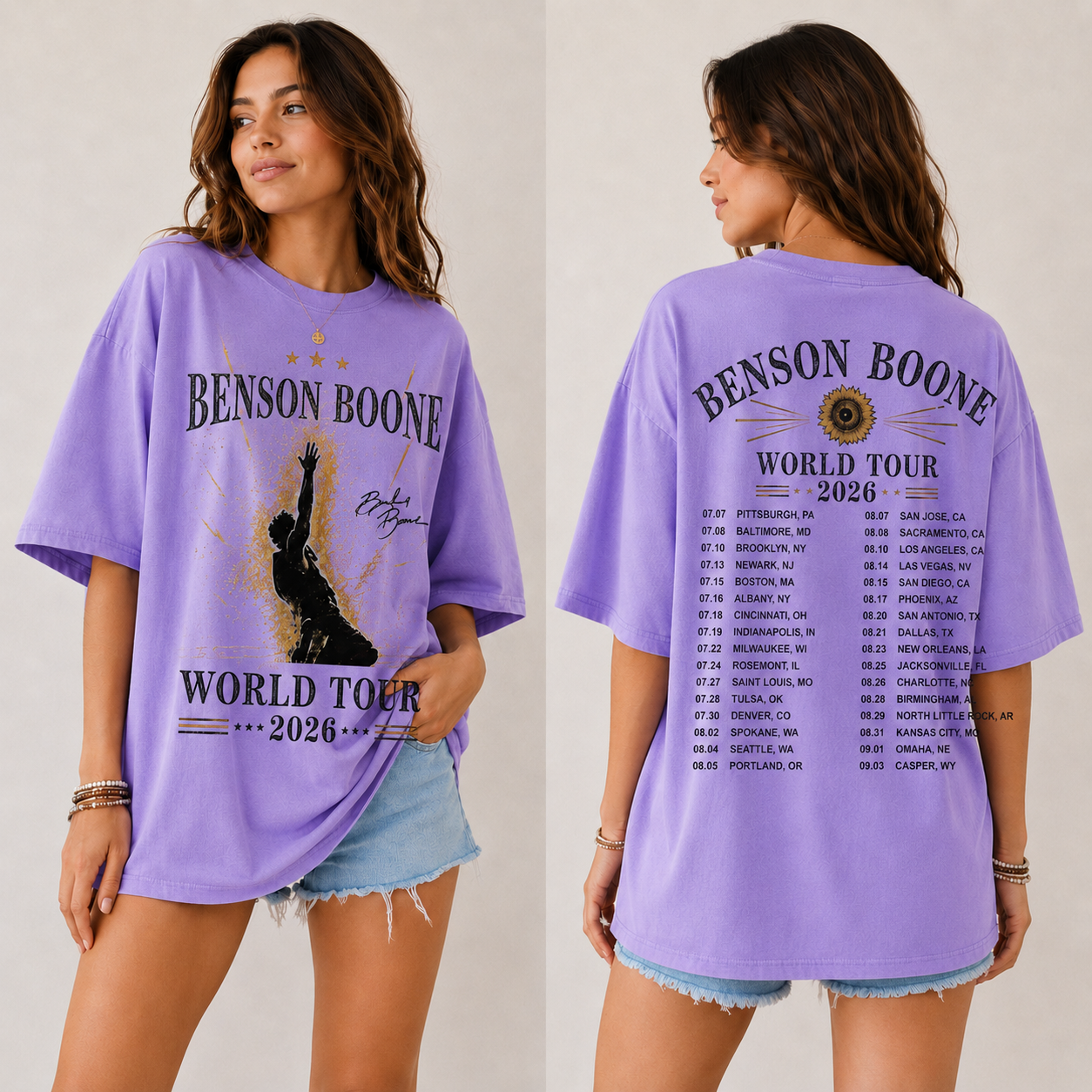 Gildan Vintage Benson Boone World Tour 2026 Concert Graphic Tee Shirt