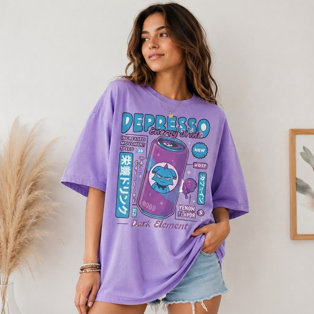 Depresso Energy Drink Palworld T-Shirt, Dark Element Gamer Tee