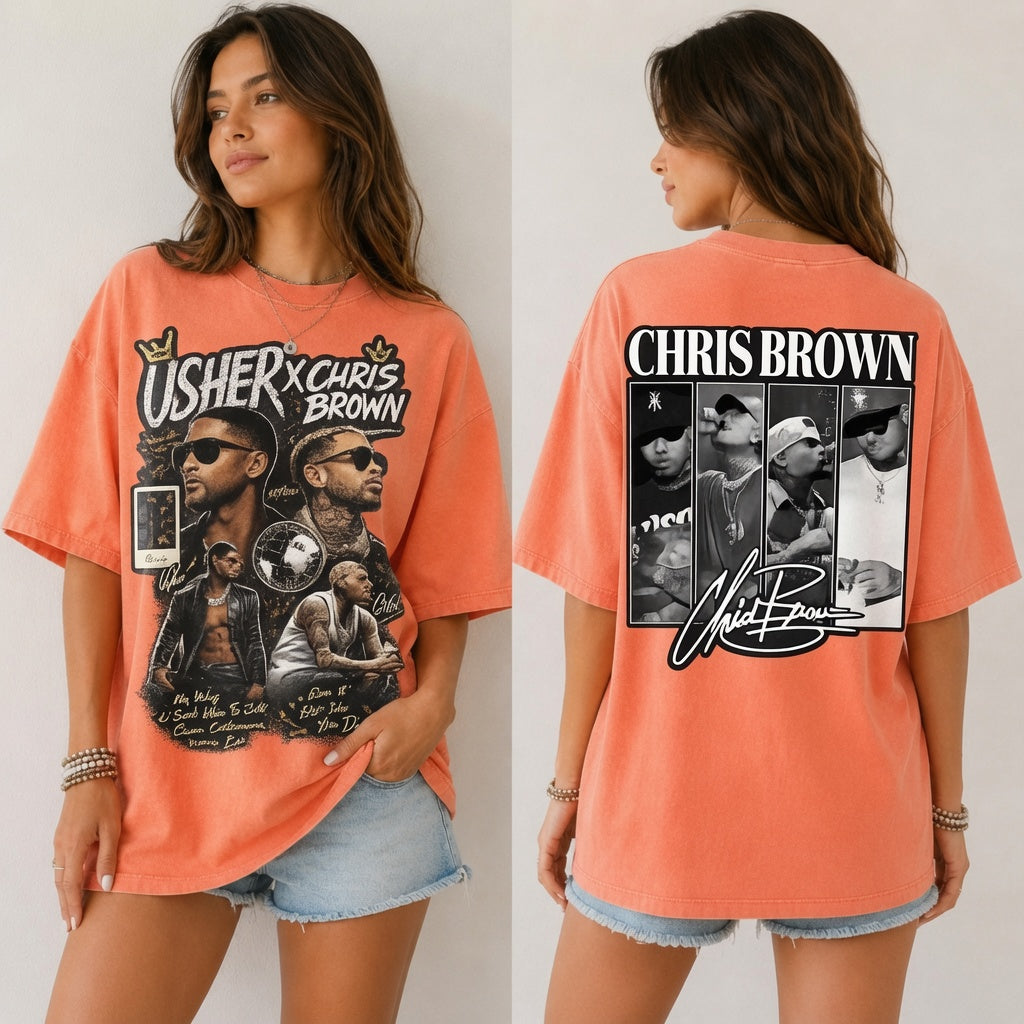 Usher x Chris Brown Graphic Shirt, Comfort Colors Vintage Tee, Double-Sided R&B Fan Merch