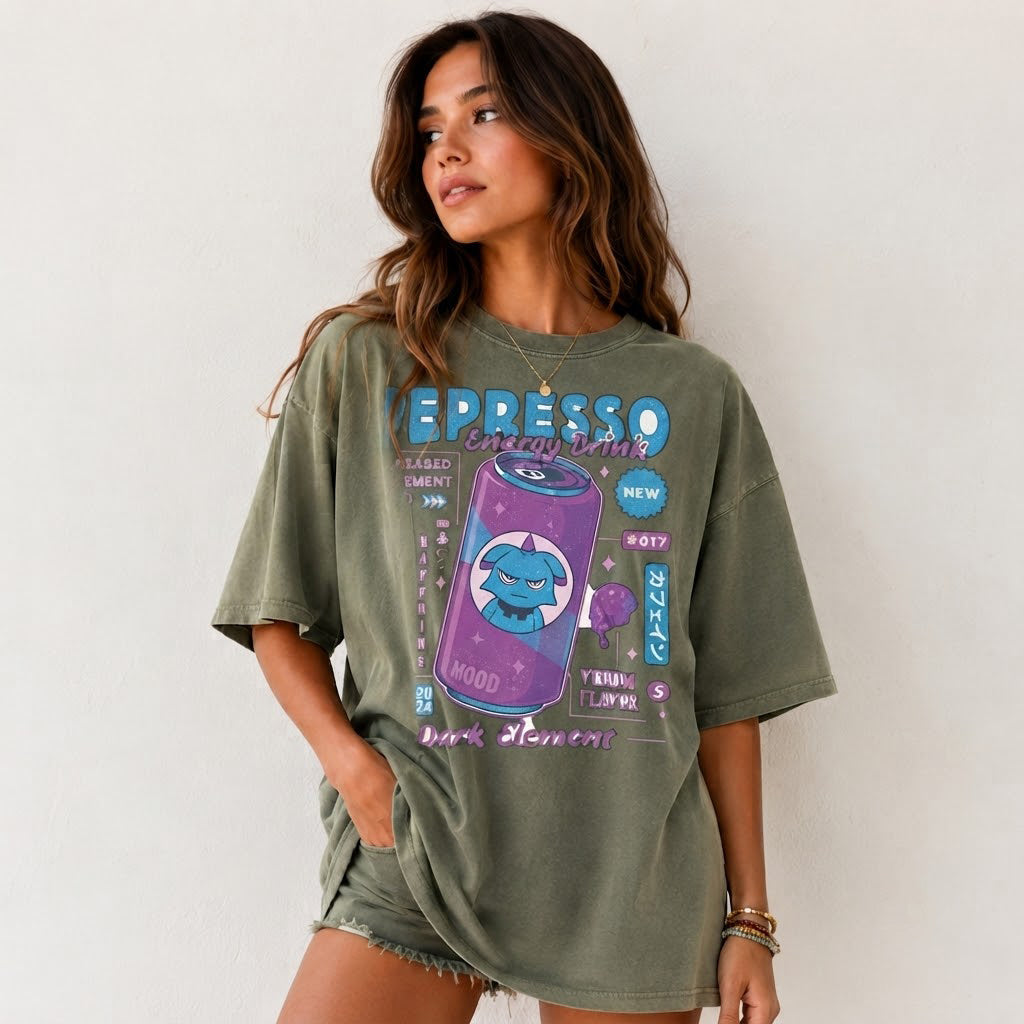 Depresso Energy Drink Palworld T-Shirt, Dark Element Gamer Tee