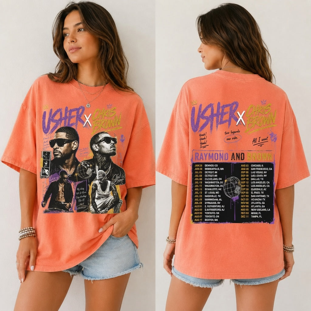 Vintage Style Usher x Chris Brown Tee, Comfort Colors Double-Sided Graphic Shirt