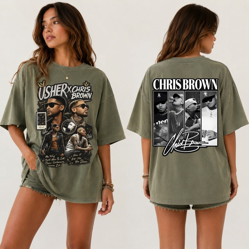 Usher x Chris Brown Graphic Shirt, Comfort Colors Vintage Tee, Double-Sided R&B Fan Merch