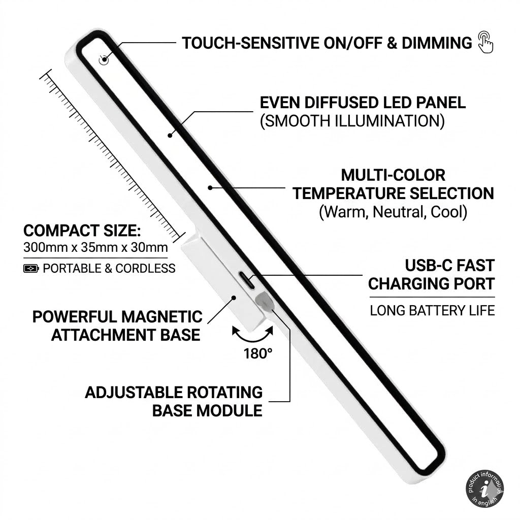 Rechargeable Magnetic LED Desk Lamp, Stepless Dimmable Wireless Reading Light, Touch Control Under Cabinet Light for Home Office Bedroom