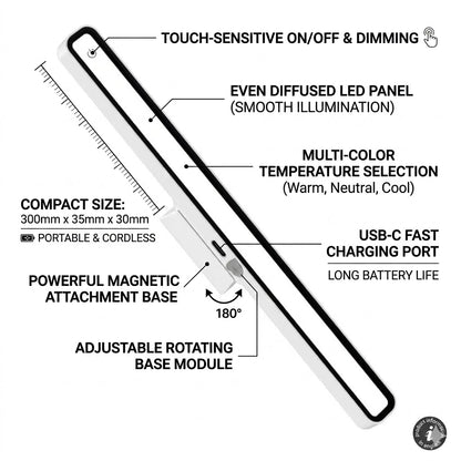 Rechargeable Magnetic LED Desk Lamp, Stepless Dimmable Wireless Reading Light, Touch Control Under Cabinet Light for Home Office Bedroom