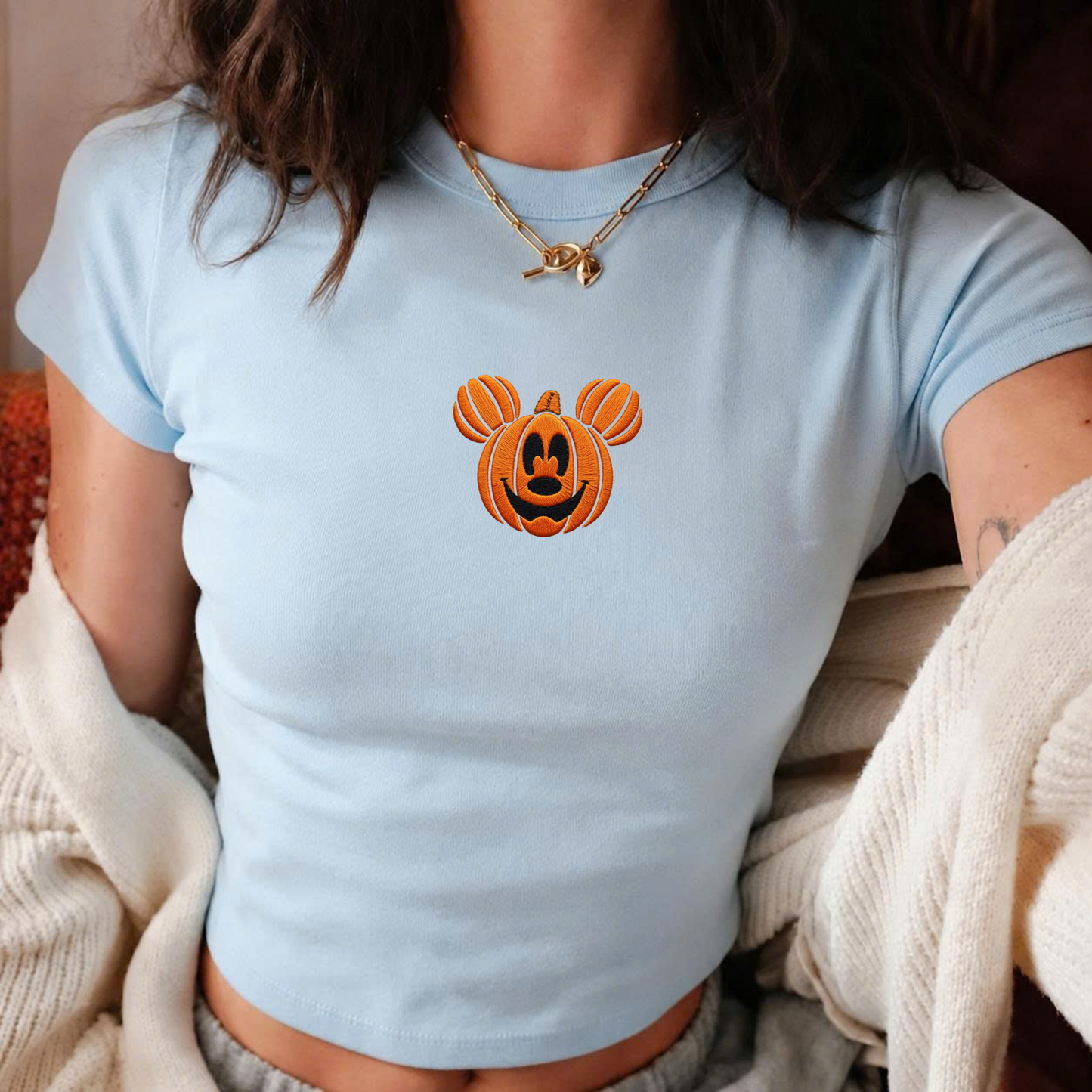 Mickey Pumpkin Halloween Embroidered Baby Tee