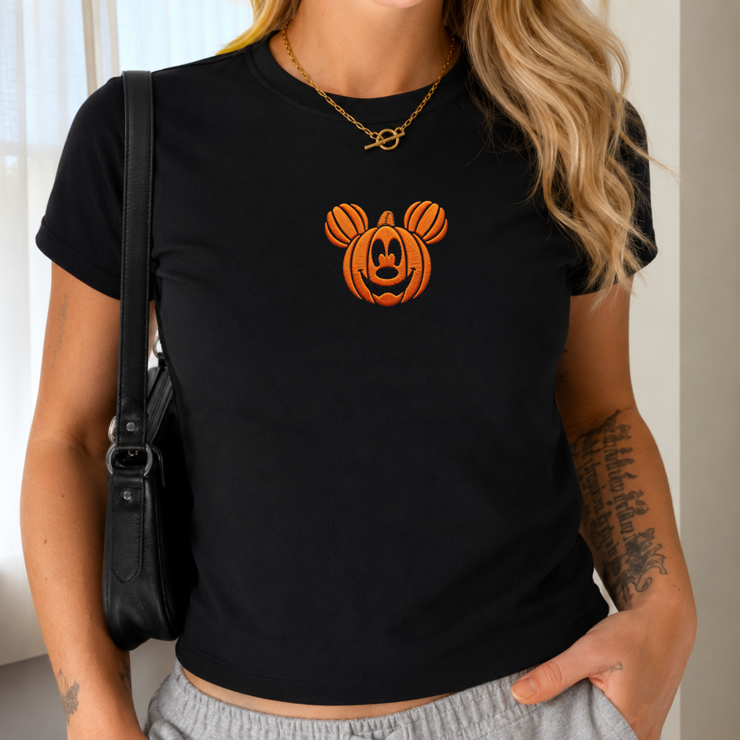 Mickey Pumpkin Halloween Embroidered Baby Tee