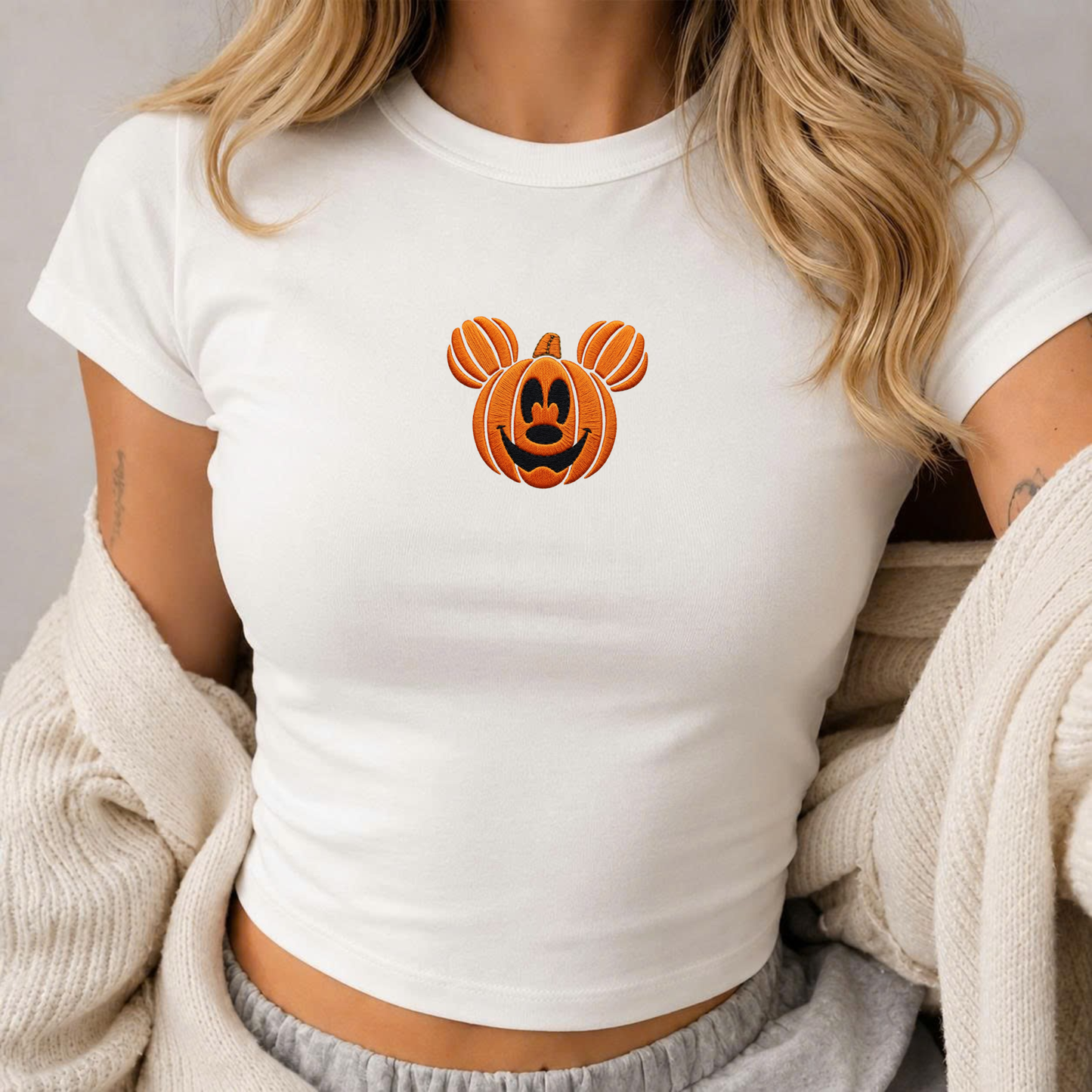 Mickey Pumpkin Halloween Embroidered Baby Tee